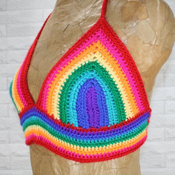 HAND CRAFTED Crochet Pride Rainbow Cropped Top Halter LGBTQ+ Festival Fashion - Picture 4 of 11